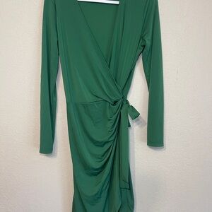 Lark & Ro Green Ruched Wrap Dress with Long Sleeves
